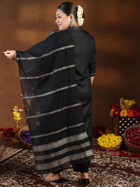 Buy Plus Size Black Solid Cotton Blend Straight Suit With Dupatta ...