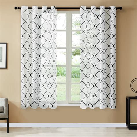 Topfinel White Sheer Curtains 63 inch Long Geometric Black Embroidered ...