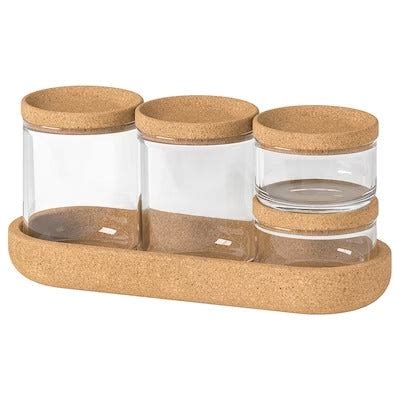 IKEA SAXBORGA Jar with lid and tray, set of 5, glass cork | IKEA Bathr ...