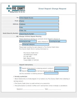 Fillable Online Five County Credit Union - Direct Deposit Change ...