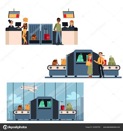 Airport travel luggage security check set - check in desk and bag x ray ...