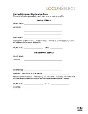 Fillable Online Limited Company Declaration Form - Locum Select Fax ...