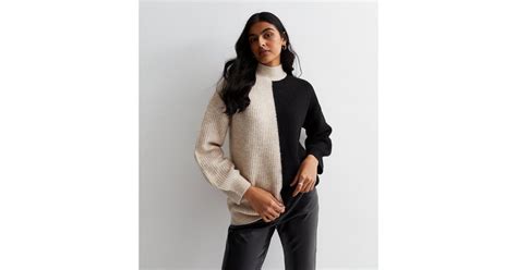 Black Colour Block Stitch Knit High Neck Jumper | New Look