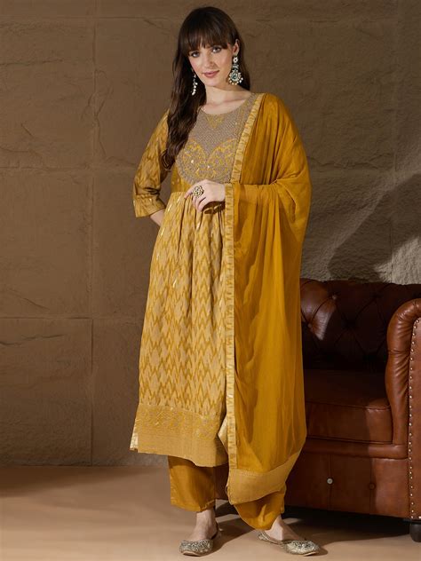 Damyanti Mustard Cotton Silk Embellished Flared Suit Set – VredeVogelStore