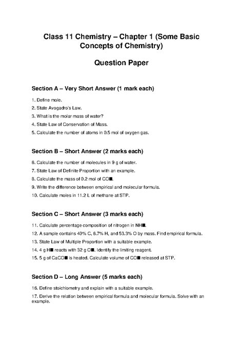 Chemistry Class 11 Ch1 Question Paper: Basic Concepts & Problems - Studocu