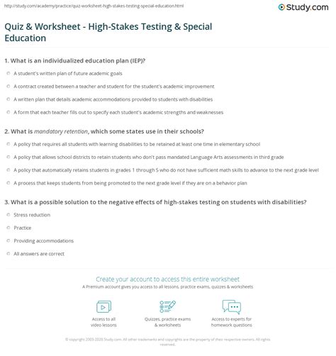 Quiz & Worksheet - High-Stakes Testing & Special Education | Study.com