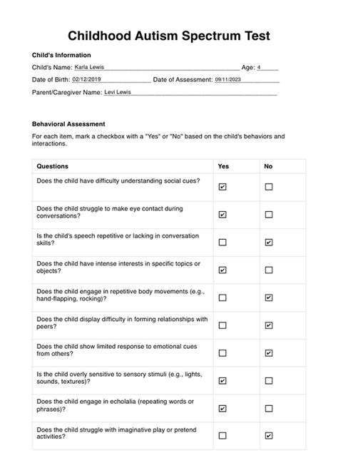 Childhood Autism Spectrum Test & Example | Free PDF Download