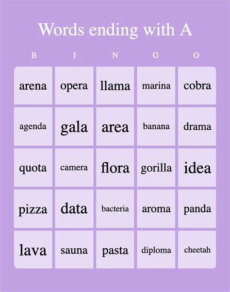 Words Ending With A - Bingo Card Creator