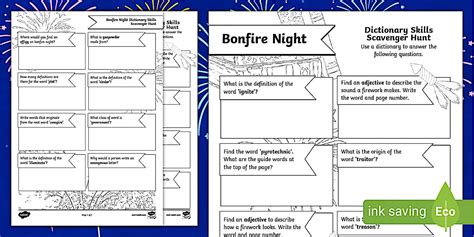 Editable Bonfire Night Dictionary Skills Scavenger Hunt Worksheet