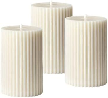 Luces White Soy Wax Pillar Candle Set Of 3 Pcs Ribbed Vanilla Scented ...