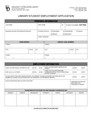 Fillable Online www2 lib udel Library Student Employment Application ...