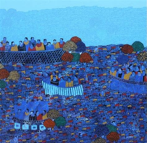 "Cityscape 9": Blue Acrylic Painting by Rama Krishna V – ArtZolo.com