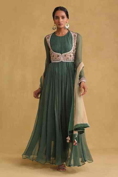 Buy Green Viscose Embroidery, Tassels Round Neck Thread Anarkali Set ...