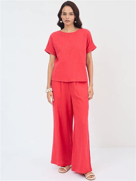 Cotton Gauze Red Round Neck Top With Straight Pant