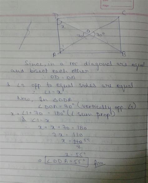 Diagonals of rectangle ABCD intersect at O. If BOC=70° find ODA ...