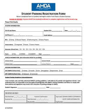 Fillable Online amda STUDENT PARKING REGISTRATION FORM - AMDA - amda ...