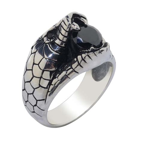 3D Snake Head Silver Men's Ring with Black Stone