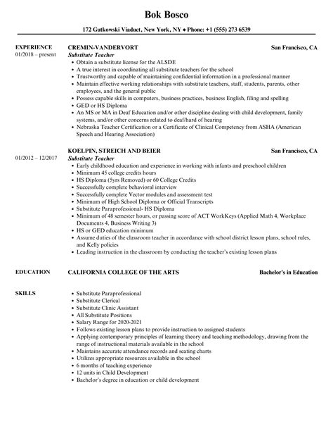 Substitute Teacher Resume Samples | Velvet Jobs