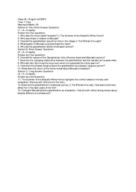 Class XI English Question Paper-1: Short & Long Answer Questions - Studocu