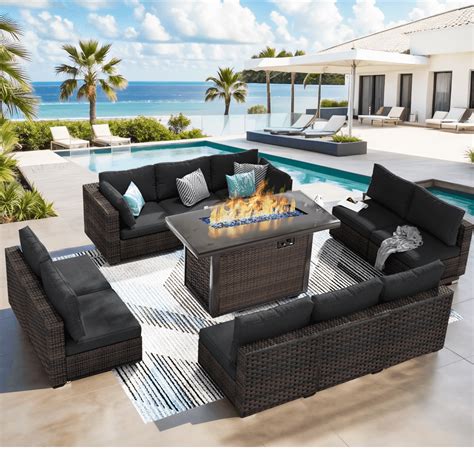 Grezone 11-Piece Outdoor Patio Furniture Set with Fire Pit, Wicker ...