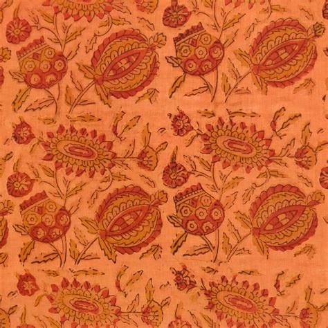 Pre-cut Pure Cotton Bhuj Teen Kaam Ajrak Rust Orange With Poppy Jaal H ...