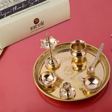 Buy Brass Om Shubh Labh Pooja Thali Set of 7 Piece | Satvikstore.in ...