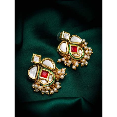 Buy Aadita Women Red Gold Plated Kundan Pearl Drop Earrings Online