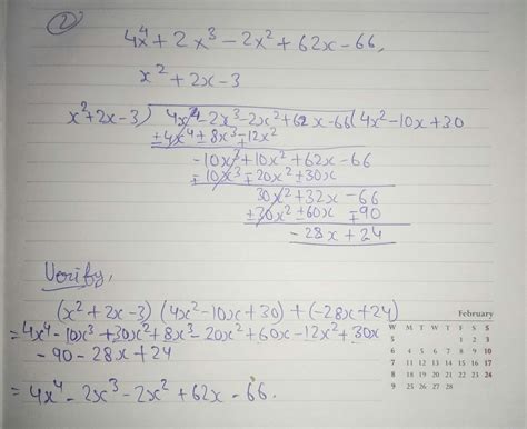 4x power4+2x cubed-2 x square+62x-66 divided by x squared+2x-3 by ...