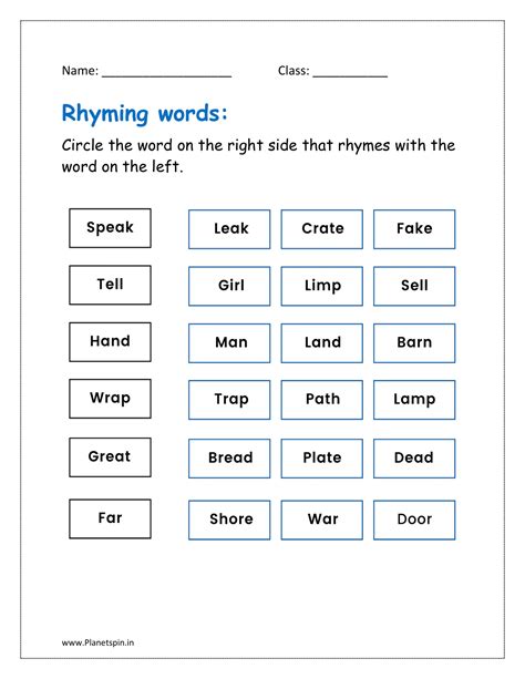 Rhyming words worksheets PDF for kindergarten | Planetspin.in