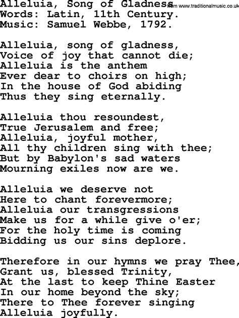 Easter Hymns, Song: Alleluia, Song Of Gladness - lyrics, midi music and PDF