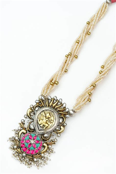 Silver Two Tone Necklace with Signature Motif and Pearl Maala – Neeta ...