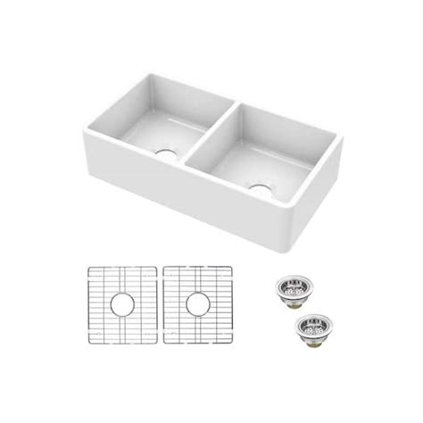 Buy Fireclay 33 in. Double Bowl Apron-Front Farmhouse Kitchen Sink with ...