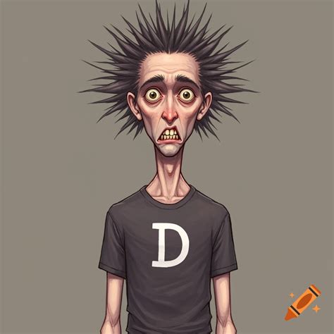 Cartoon of a tall, skinny, derpy guy with spiky hair and a 'D' shirt on ...