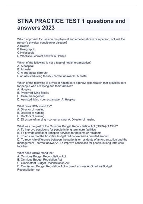 STNA PRACTICE TEST 1 questions and answers 2023 - STNA - Stuvia US