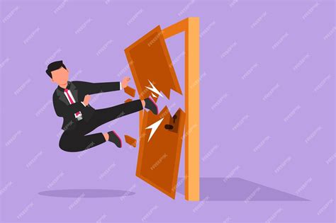 Character flat drawing of young businessman kicks the door with flying ...