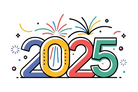 Happy new year 2025 colorful doodle with outline flat illustration ...