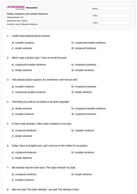 50+ Simple, Compound, and Complex Sentences worksheets for Class 8 on ...
