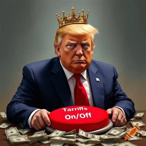 Donald Trump with crown sitting on pile of money with "Tariffs On/Off ...
