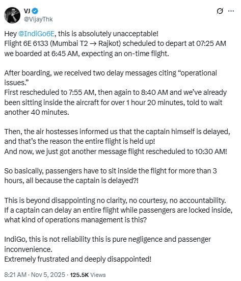 Passenger slams IndiGo over 3-hour delay, claims captain was late, gets ...