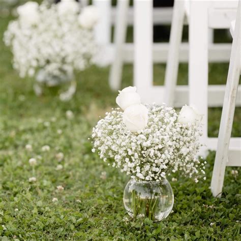 White Rose and baby's breath arrangement, Wedding aisle arrangement ...