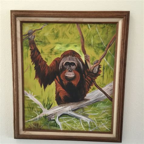 Vintage Orangutan Oil Painting on Canvas - San Diego Zoo Animal Wall Decor