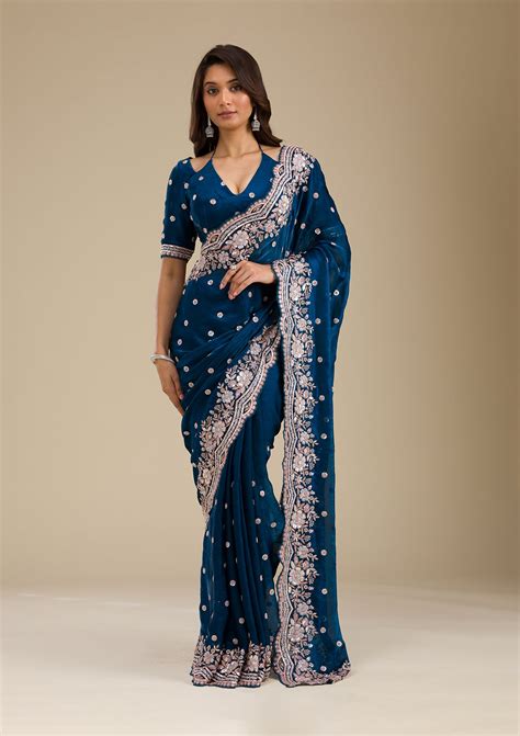Buy Peacock Blue Zariwork Velvet Saree - Koskii