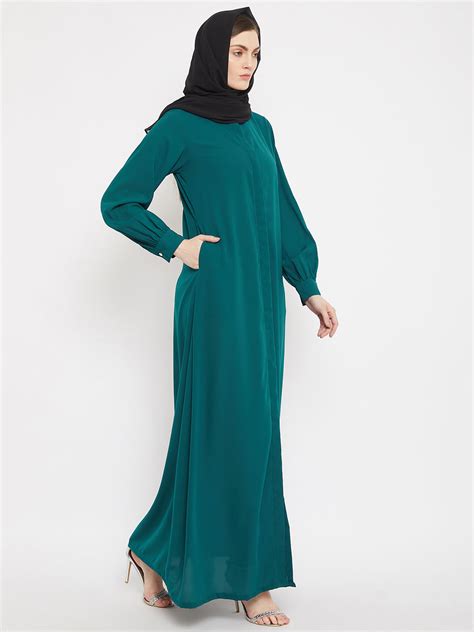 Nabia Women Bottle Green Solid Front Open Abaya With Georgette Scarf.