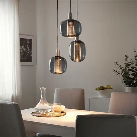 IKEA HOGVIND Pendant lamp with 3 lamps, nickel-plated/grey glass | IKE ...