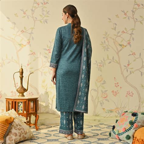 Buy Teal Embroidered & Monotone Woollen Kurta Pant Set with Dupatta ...