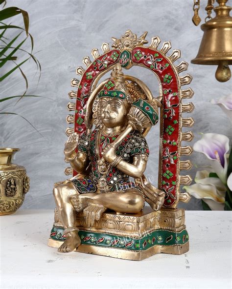 Pure Brass Superfine Lord Hanuman idol on throne with Prabhavali aura ...