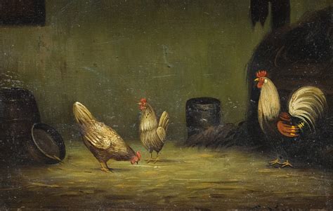 A Rooster with Chickens in a Barn - Taaffeite Collectibles