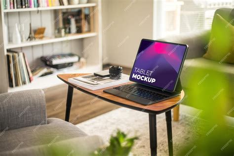 Tablet on desk environment prespective mockup | Premium PSD