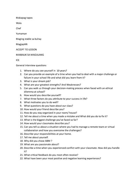 Image result for Initial Interview Questions Tagalog