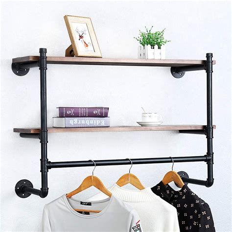 Buy Industrial Pipe Clothing Rack Wall Mounted with Wood Shelf,Rustic ...